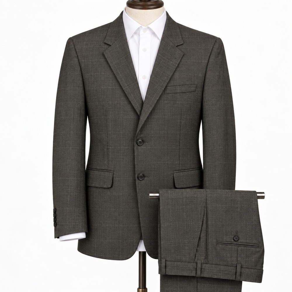 Jos. A. Bank 2-Piece Suit Mens 46L 37x31 100% Wool WINDOWPANE Charcoal Grey